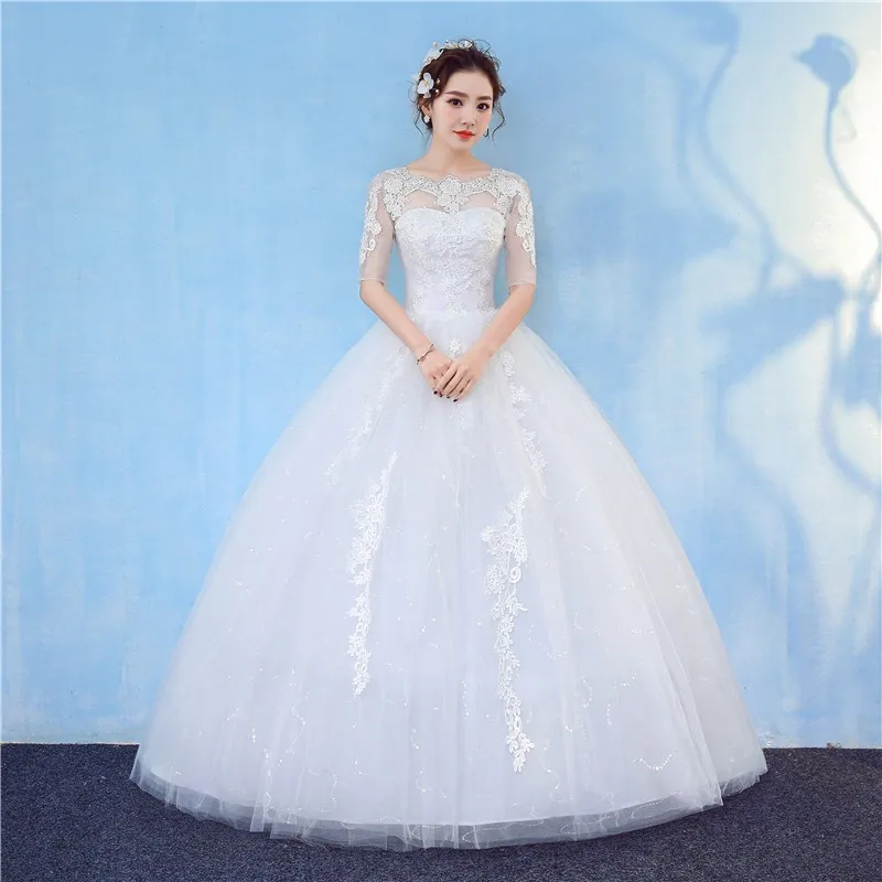 Real Photo Vestido De Noiva Orgazan Boat Neck Half Sleeve Wedding Dress Cheap New Fashion Lace Elegant Bride Princess Appliques