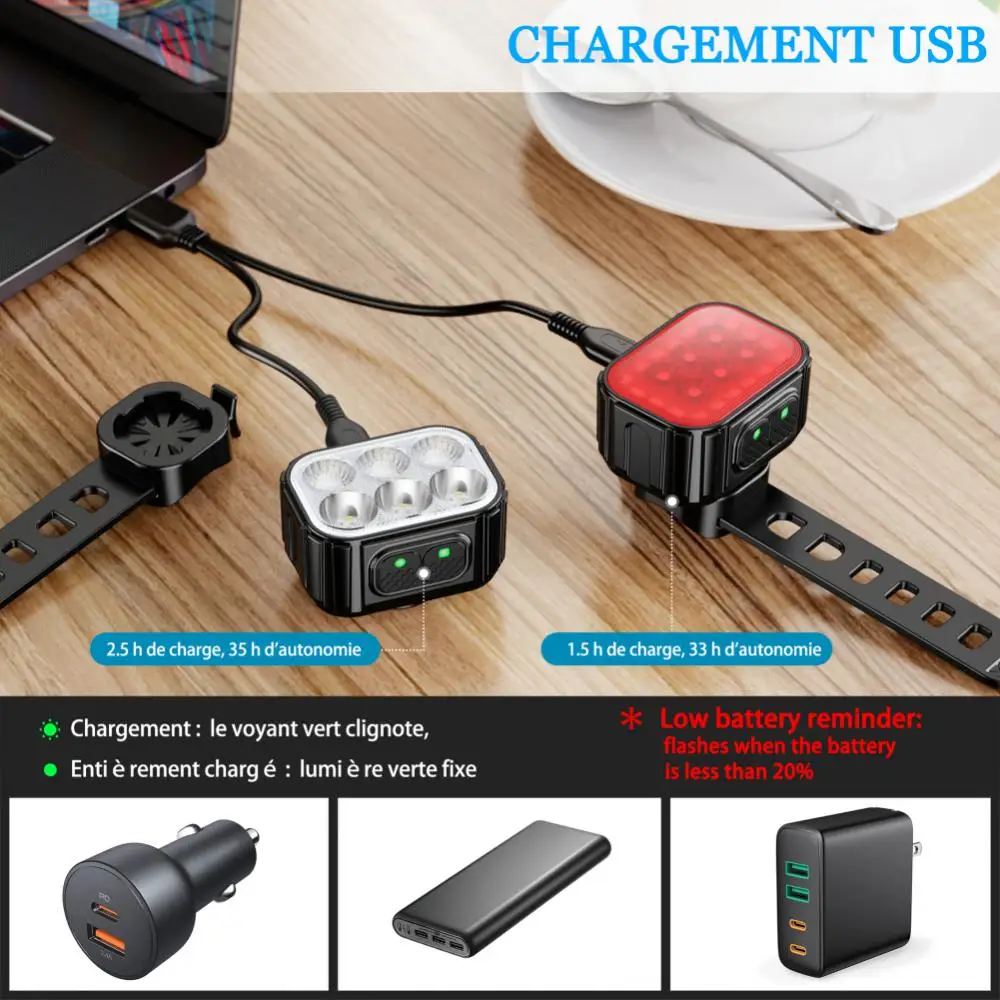 Bicycle Front Rear LED Light Set USB Charge Cycling Headlight Taillight Light 6/24 Lamp Bead Waterproof Aluminum Alloy Bike Lamp