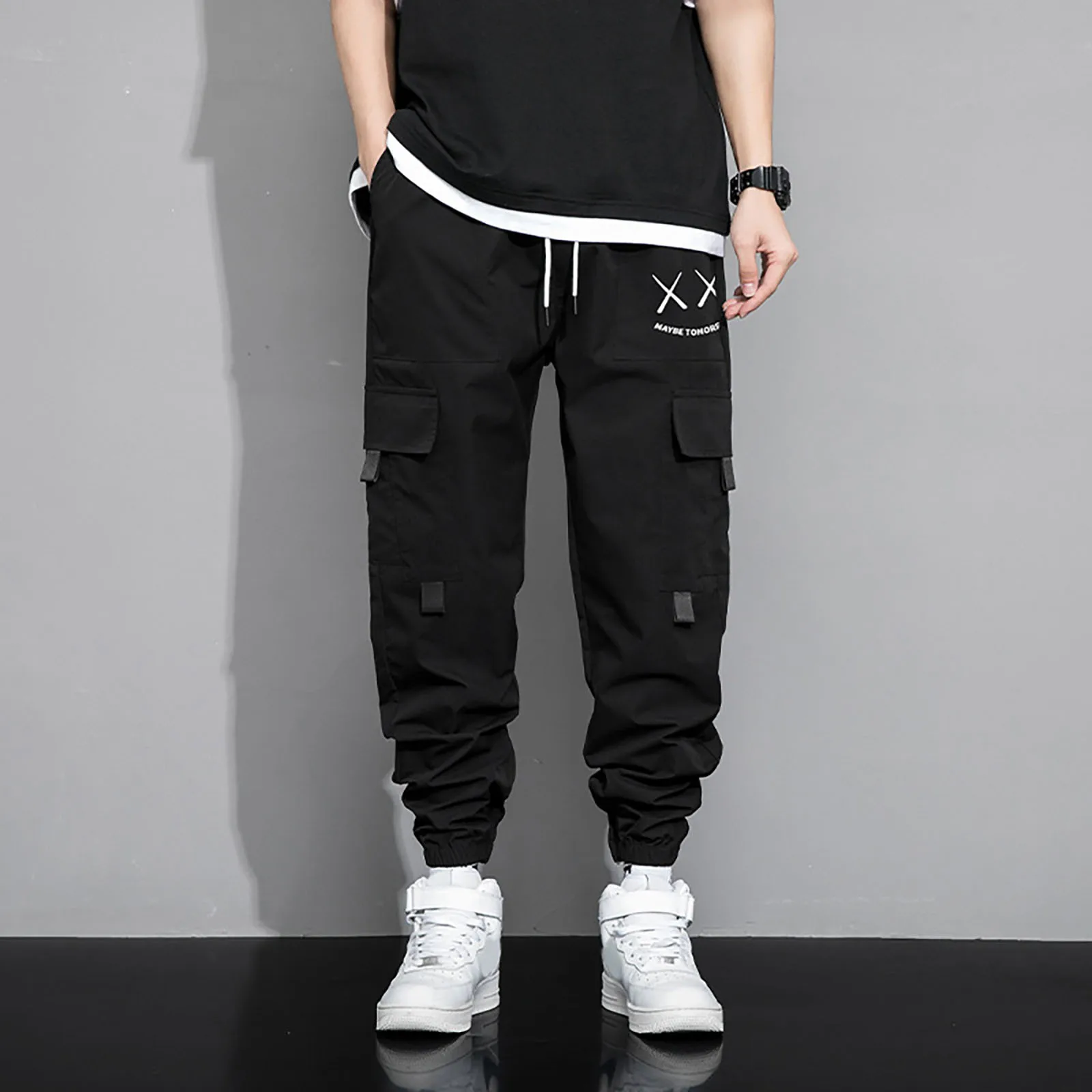 Men'S New Multi-Pocket Fashion Overalls American Casual Trend Sports Pants Drawstring Lace-Up All Match Casual Ankle Pants