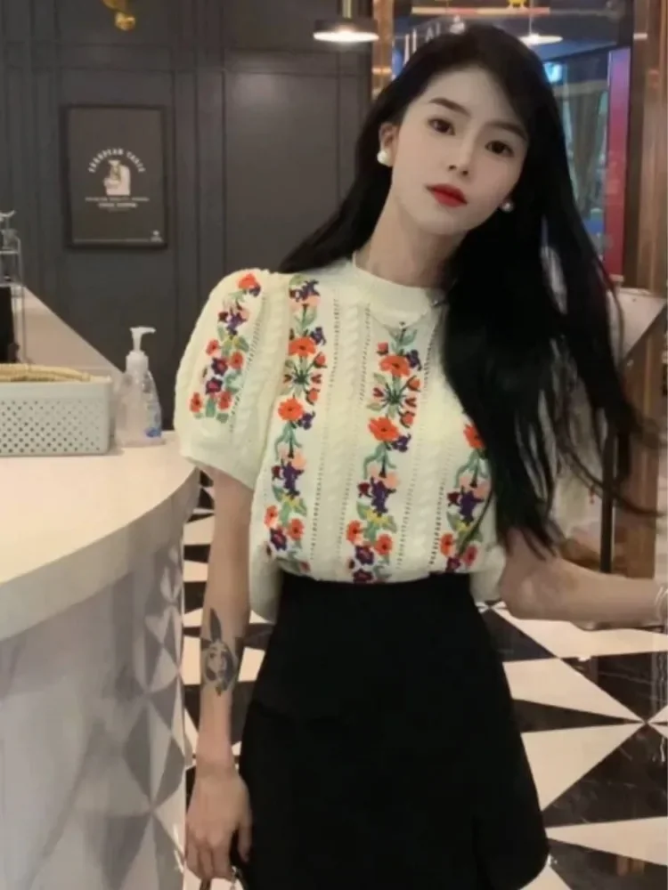 2024 Ropa Mujer Knitted Puff Sleeve Tshirts Women Short Embroidery Flower T Shirt Casual Vintage O Neck Y2k Summer Tees