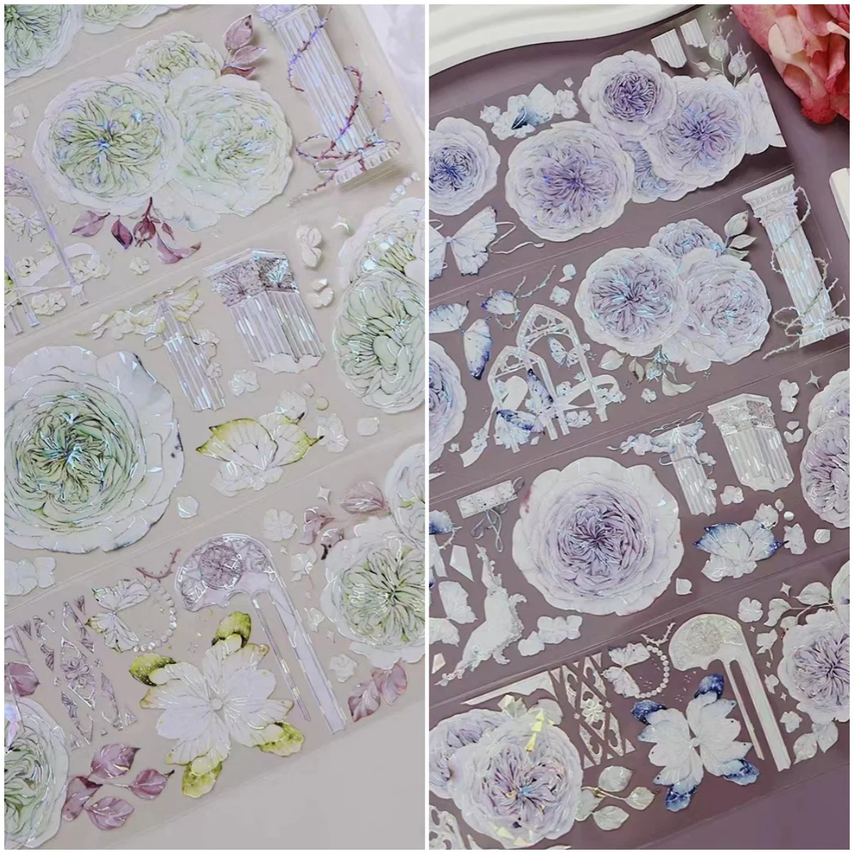 stock clear- Green Purple Floral Shiny Stickers Butterfly Shiny Masking Washi PET Tape