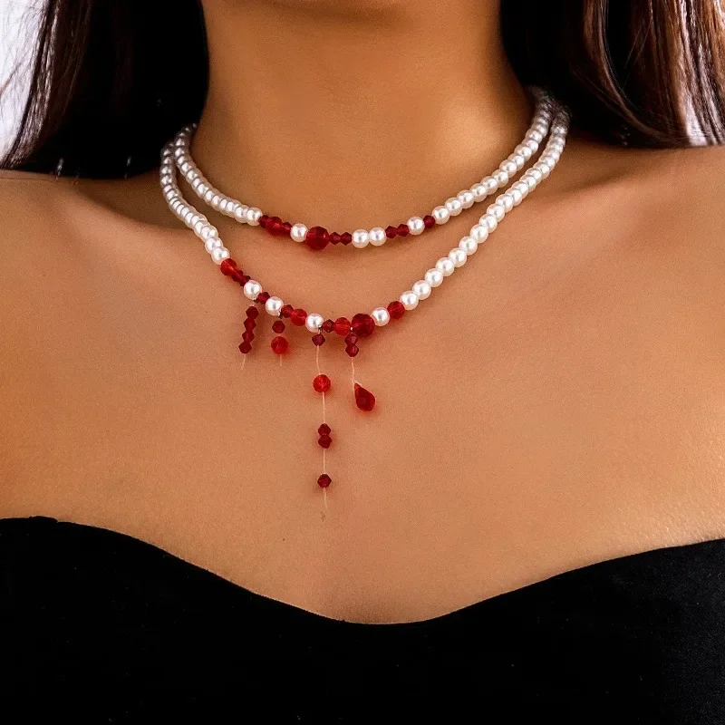 Gothic Blood Drop Fringe Pearls Halloween Party Choker Necklace for Girl Vampire Party Costume Personalized Multi-layer Necklace