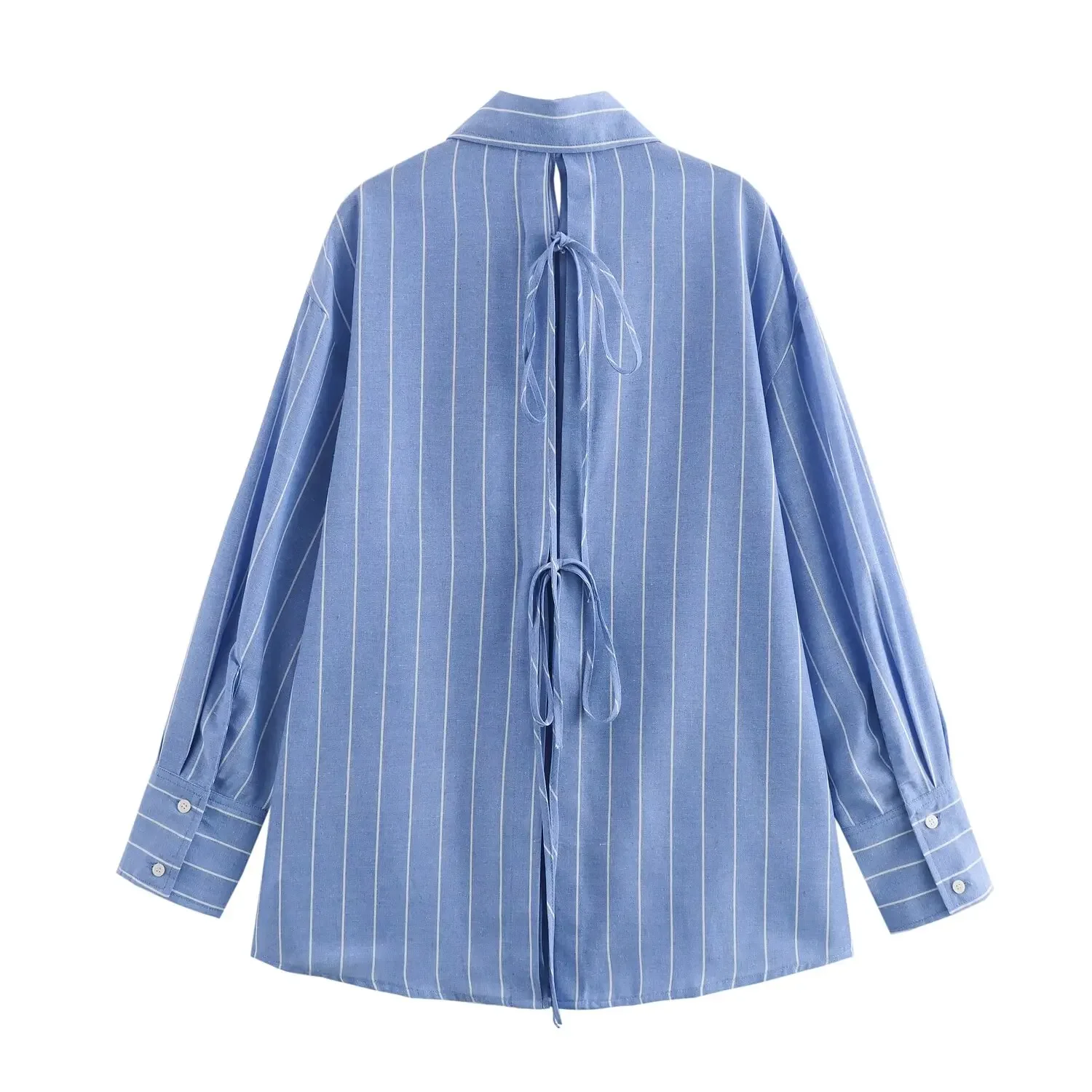 Women's 2024 new fashion back bow decoration loose striped lapel shirt retro long sleeved button up women's shirt chic top