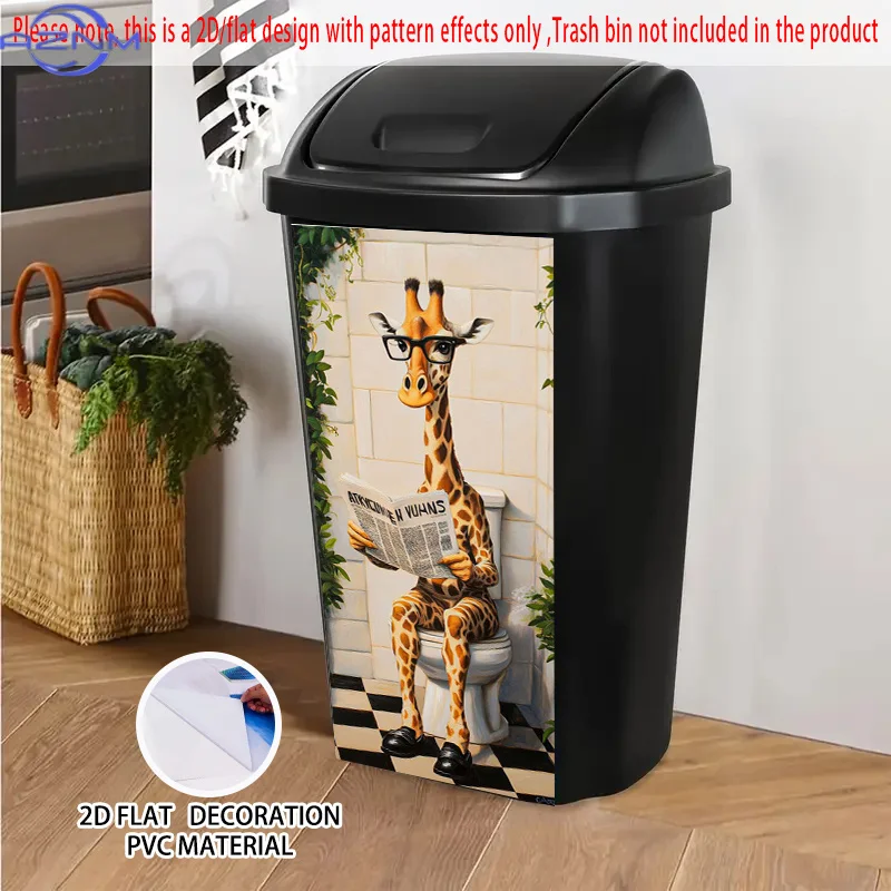Giraffe Reading Newspaper in Bathroom Pattern Self-Adhesive Dustbin Stickers, PVC, Trash Can Decorative Stickers, Wheelie Bin