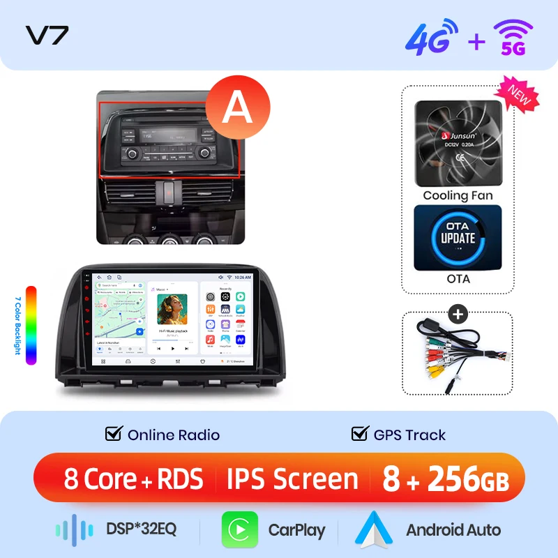 Junsun draadloze CarPlay Android Auto autoradio voor Mazda CX-5 Mk1 (KE) 2012-2017 met ingebouwde koelventilator, Android GPS navigatie, multimediaspeler, WiFi, DSP, RDS, BT, SWC, IPS touchscreen,