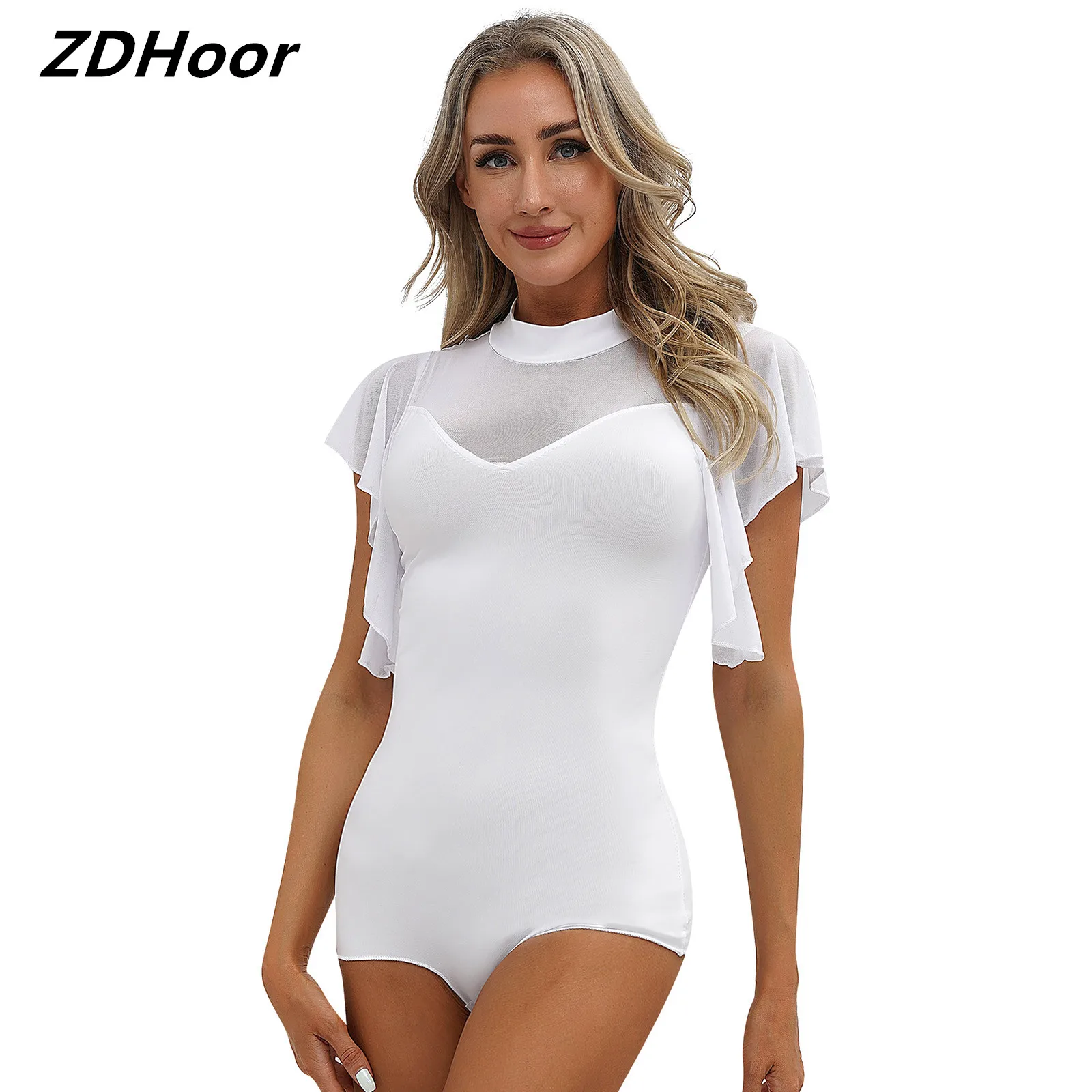 Frauen Rüschen Mesh Kurzarm Dance wear Cha-Cha Latin Dance Stage Performance Kostüm Mock Neck Self-Tie Schlüssel loch zurück Bodysuit