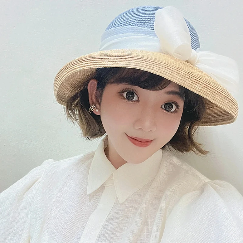 2024 Summer women's Big Bow Sun Hat Hepburn Style Vintage Design Wide side Straw Hat Solid Color Anti-UV Holiday Beach Hat