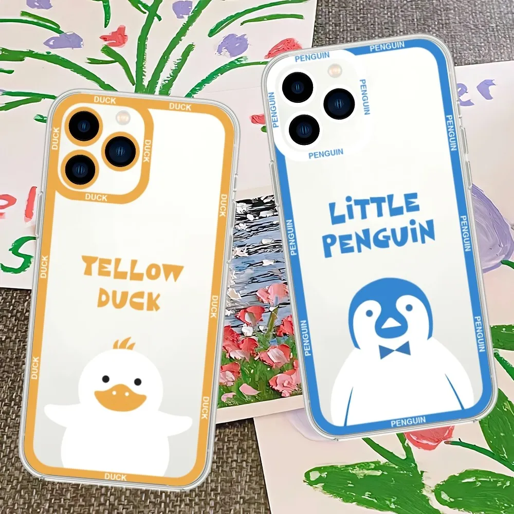 Cute Hand Drawn Duck Alpaca Penguin Phone Case For iPhone 13 14 15 Mini 11 12 Pro Max Transparent Shell