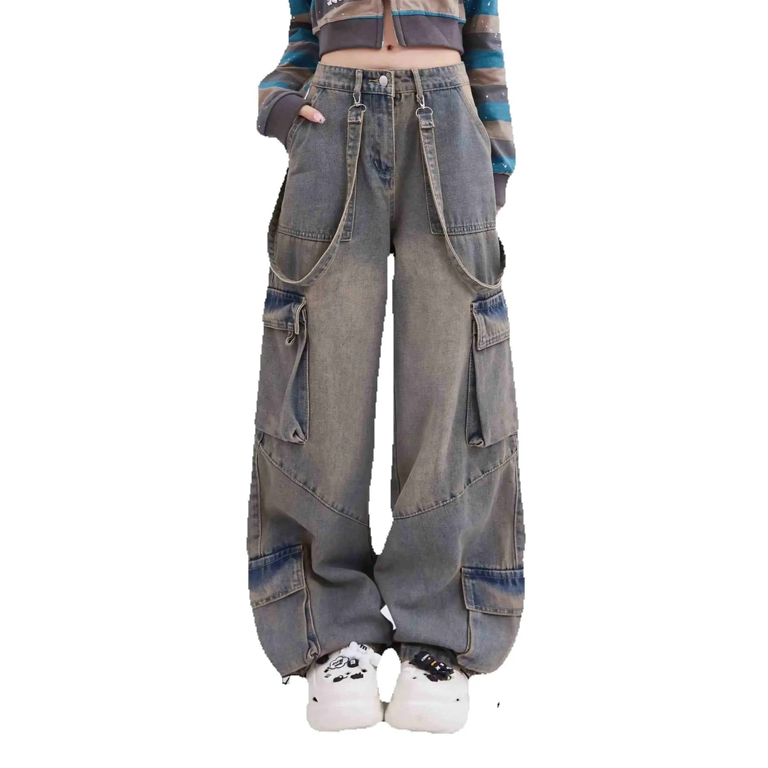 Retro Workwear Old Multi-Pocket Jeans Women Spring Summer New Niche Design High Waist Casual Versatile Straight Floor Trousers