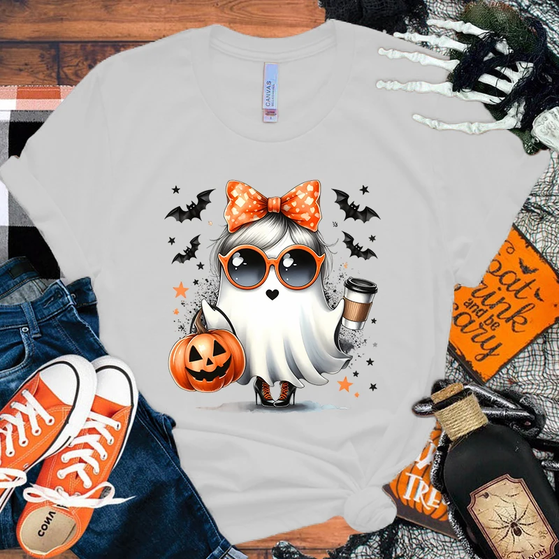 الرجال والنساء هالوين اليقطين بو طباعة تي شيرت ، عارضة الرسم تي شيرت ، قصيرة الأكمام ، جولة الرقبة القمصان ، مضحك ، الصيف