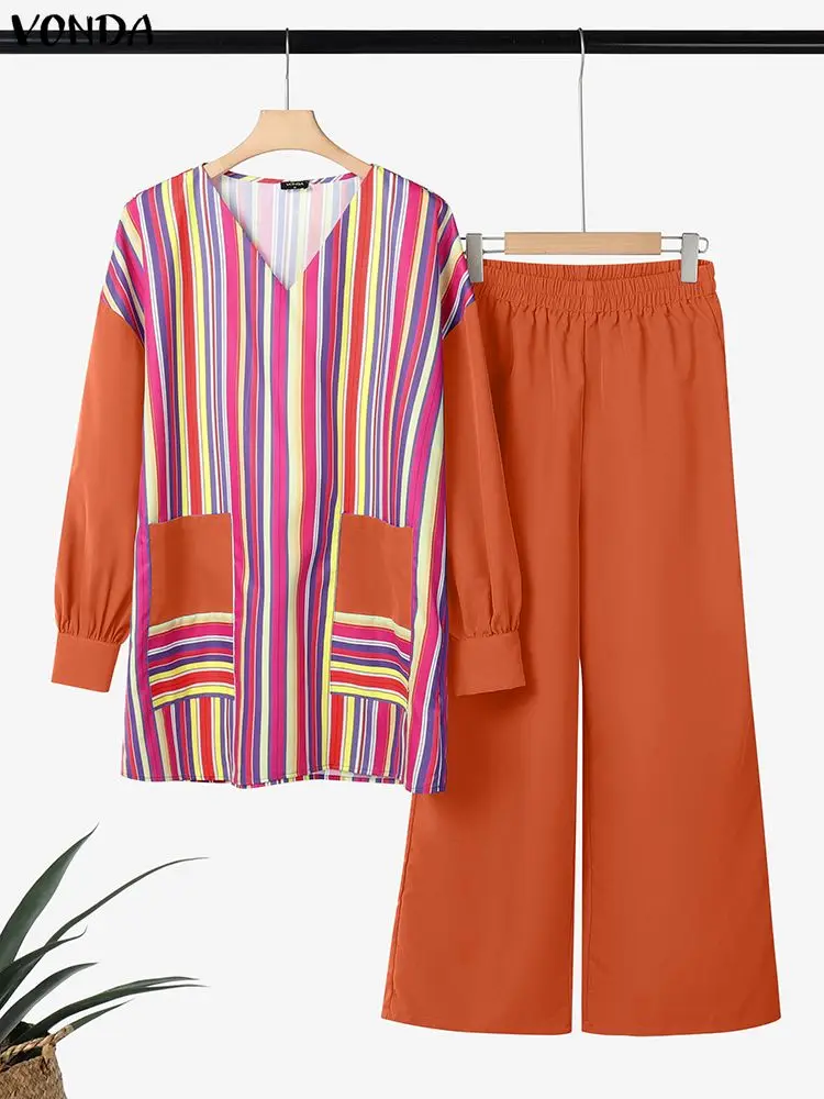 VONDA Women Sets Striped Long Sleeve Tops and Wide Leg Pants 2pcs 2025 Fashion Printing Vintage 2 Piece Outfits Plus Size 5XL