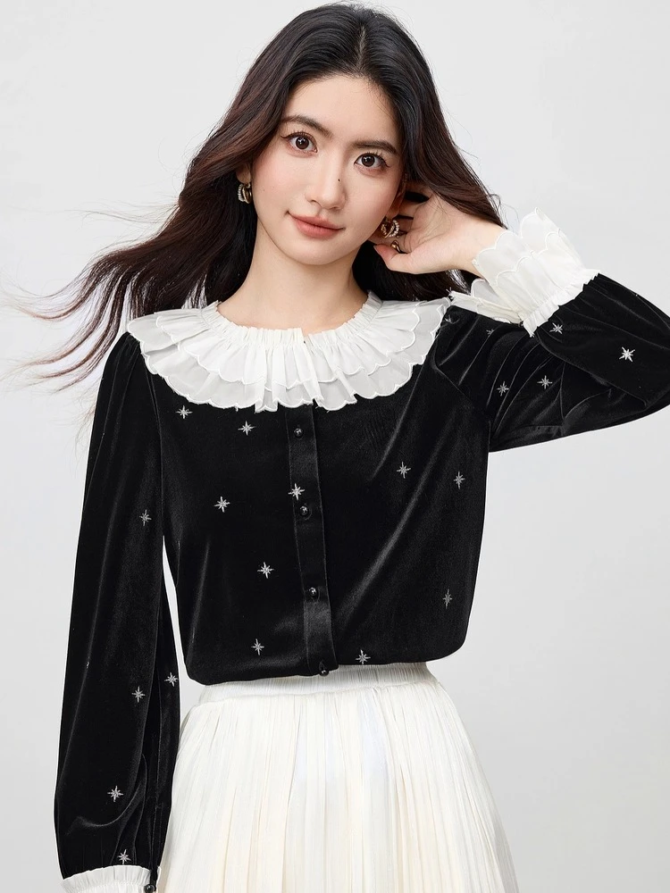 

SENTUBILA Women's Velvet Shirt 2025 Autumn Splicing Butterfly Edge O-Neck Snowflake Details Elegant Commuter Blouse 154CJ3882