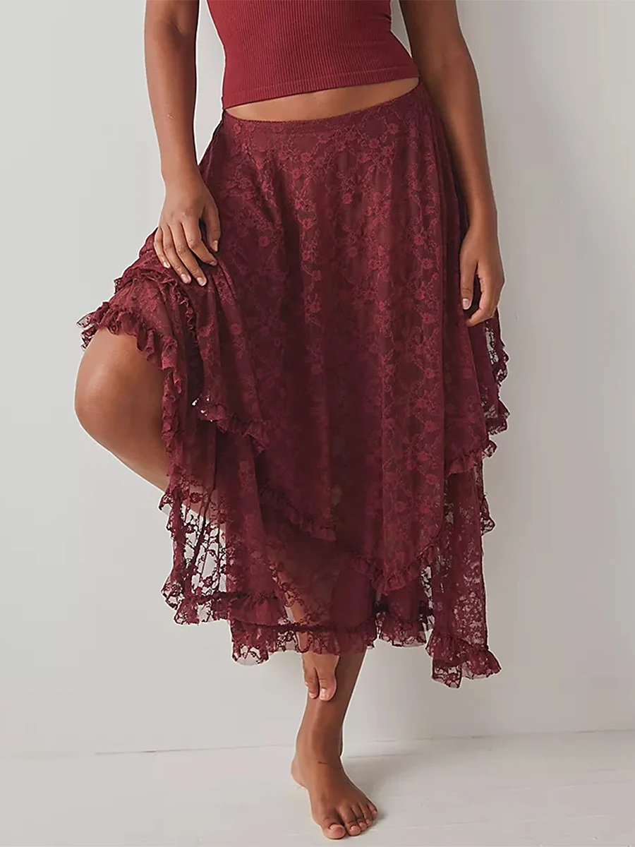 Women Lace Long Skirt Y2k Elastic Asymmetrical Layered Hem See Through Mesh Skirts Ruffle Flowy Maxi Sheer Skirt