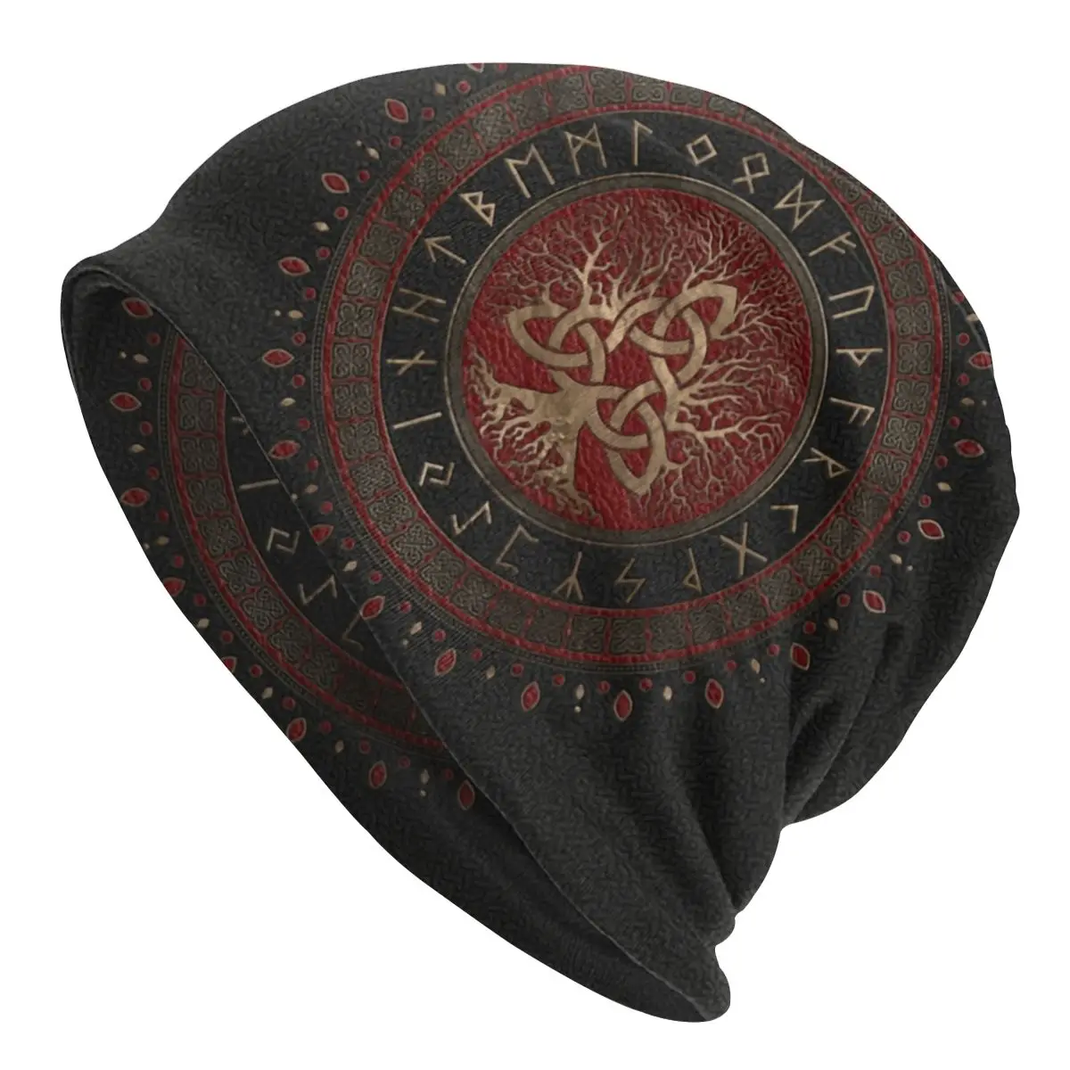 Vikings Beanie Bonnet Knitted Hat Unisex Tree Of Life With Triquetra Black Red Leather Warm Winter Skullies Beanies Cap for Ski