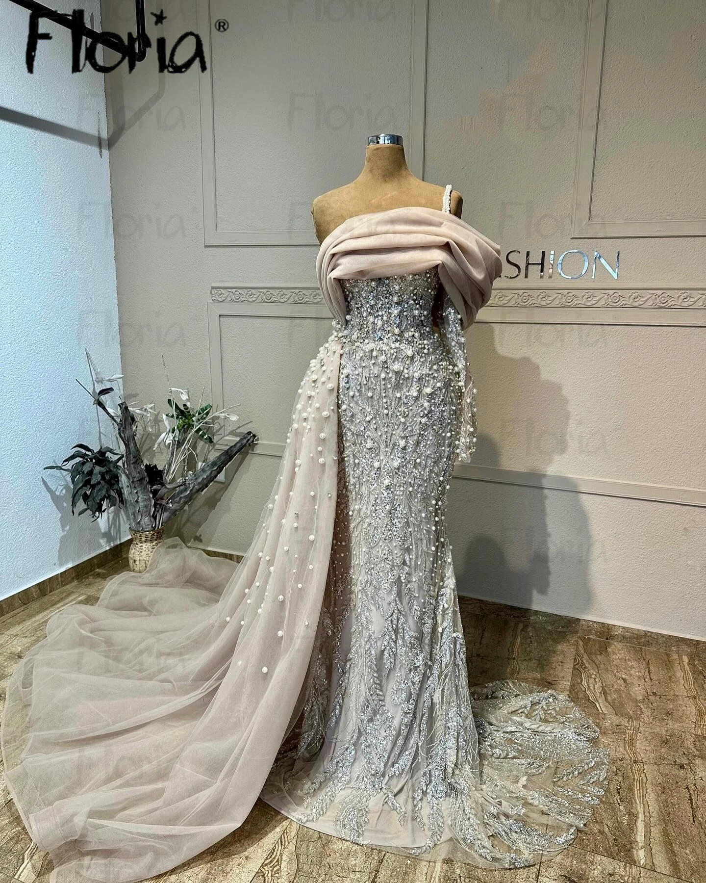 2024 Arabic Silver Mermaid Elegant One Shoulder Evening Dresses Beaded Gowns Pearls For Women Wedding Party Vestido Festa Abiye