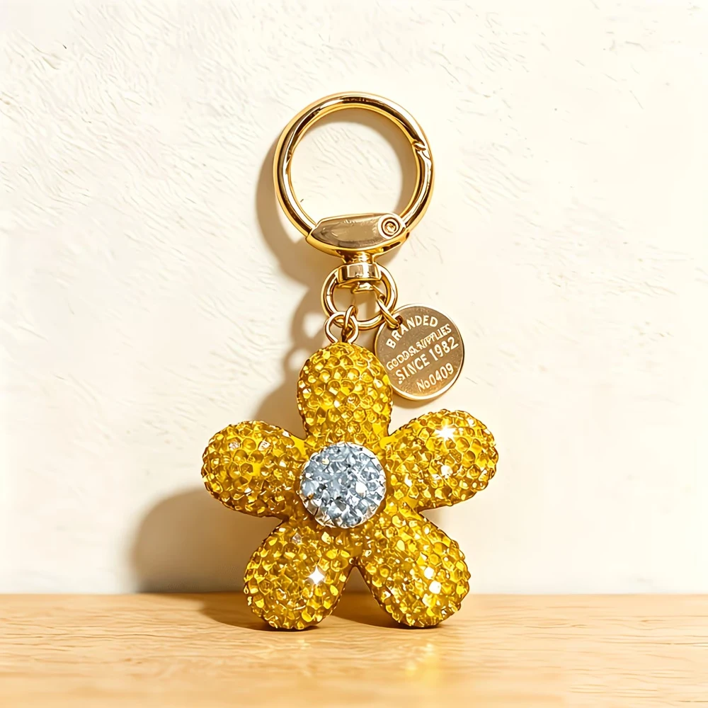 Rhinestone Daisy Keychain, Women's Shiny Flower Key Ring, Cute Bag Charm Car Pendant, Full Rhinestone Flower Bag Charm, Women's Fashion Key Ring