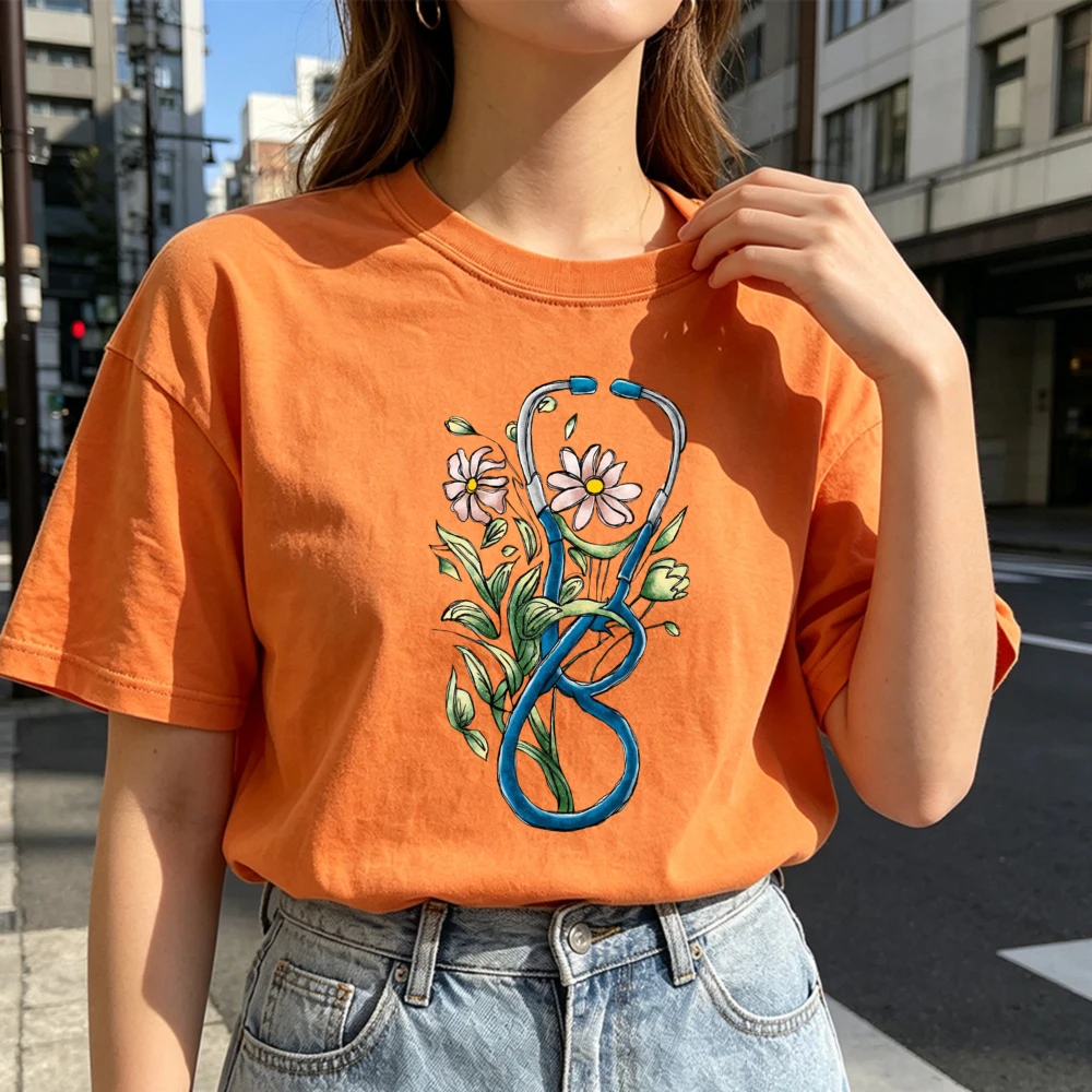 Blue Floral Stethoscope Daisy Wildflower Medical Front Print Nurse Healthcare Staff Women Short Sleeve T-Shirt Women Clothing