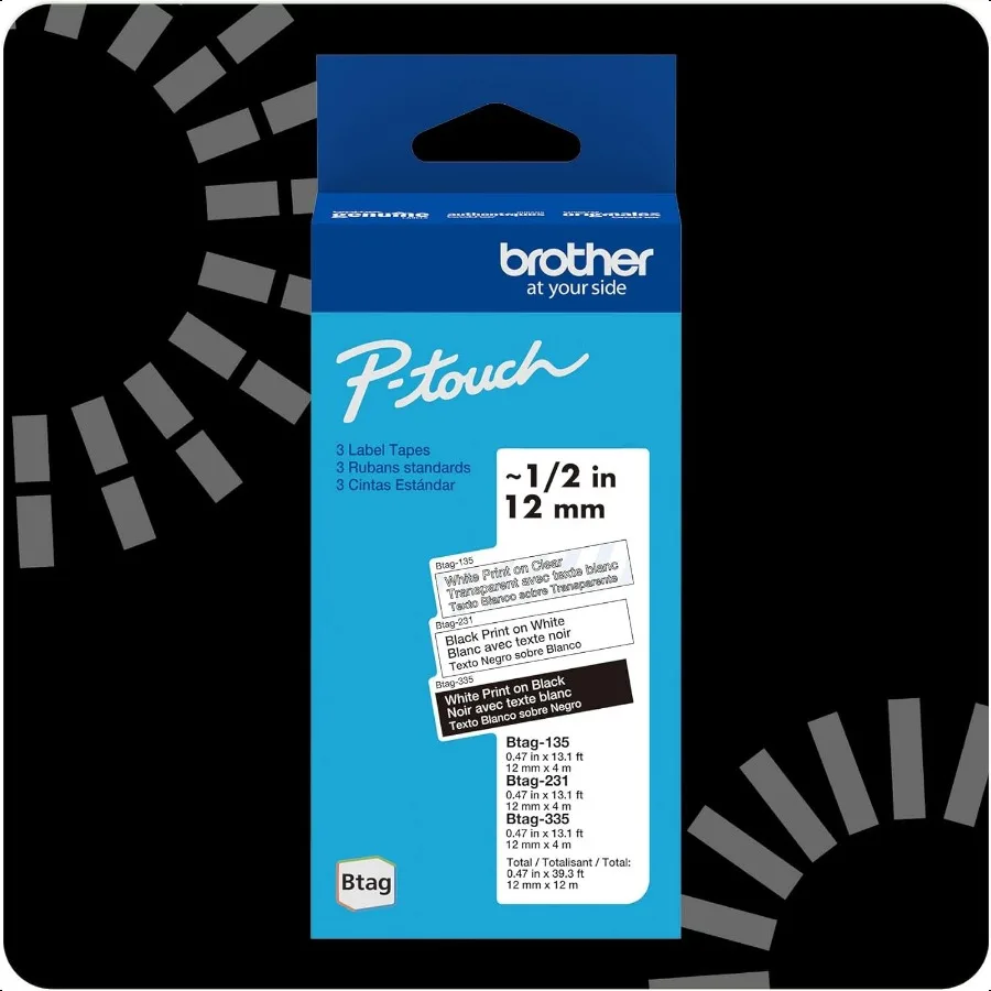 Cinta de etiquetas Ptouch Btag BTAG01 0,47 pulgadas por 13,1 pies blanco sobre negro transparente sobre blanco blanco sobre negro paquete de 3