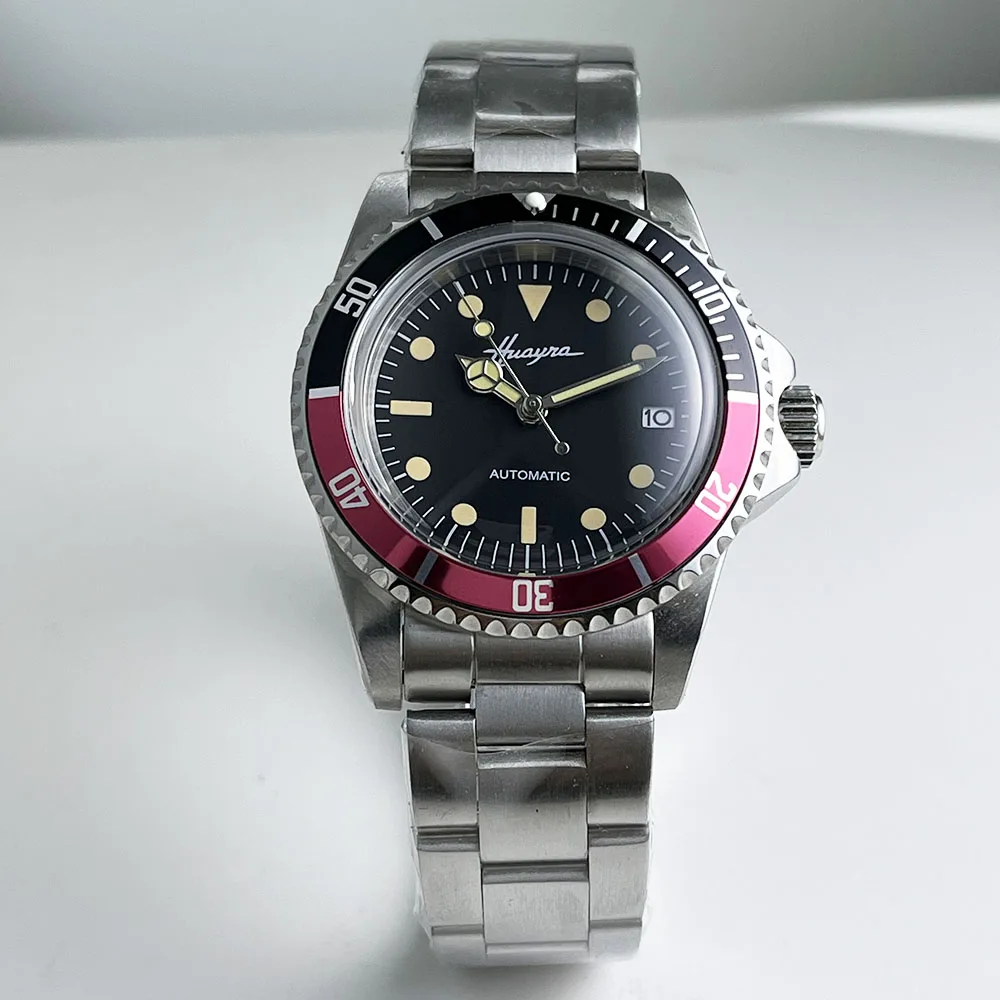 Reloj para hombre 39,5 mm NH Caja 35 Cristal redondo Waterman Reloj vintage 35 Movimiento Caja de mano Bisel giratorio Rojo Negro