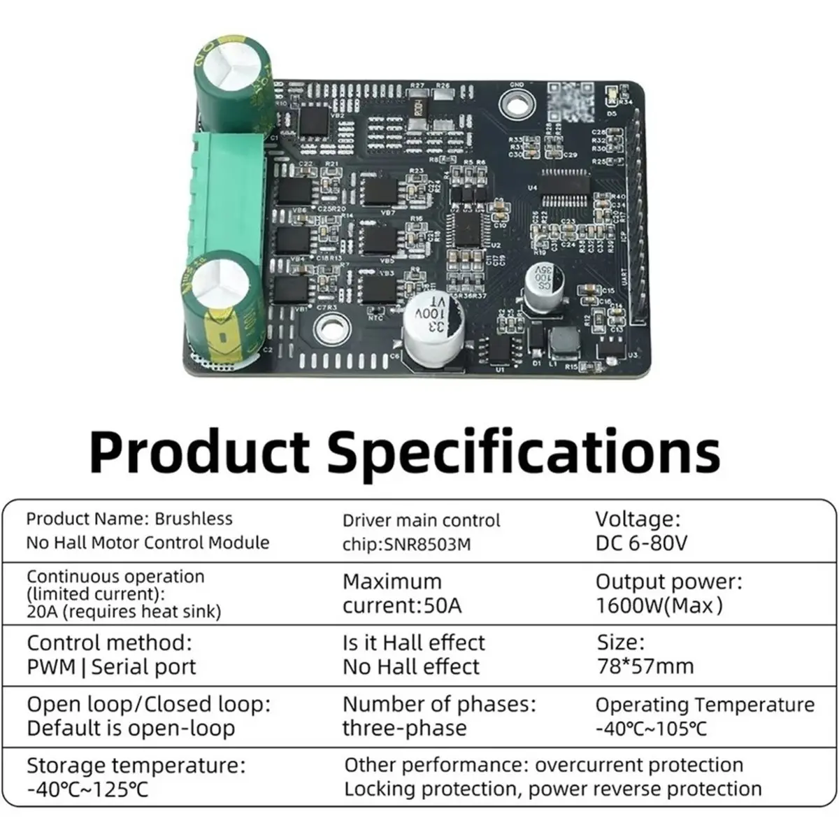 DC 6-80V 3-Phase Brushless DC (BLDC) Motor Controller/Driver Board - Sensorless, PWM Speed Control Supported