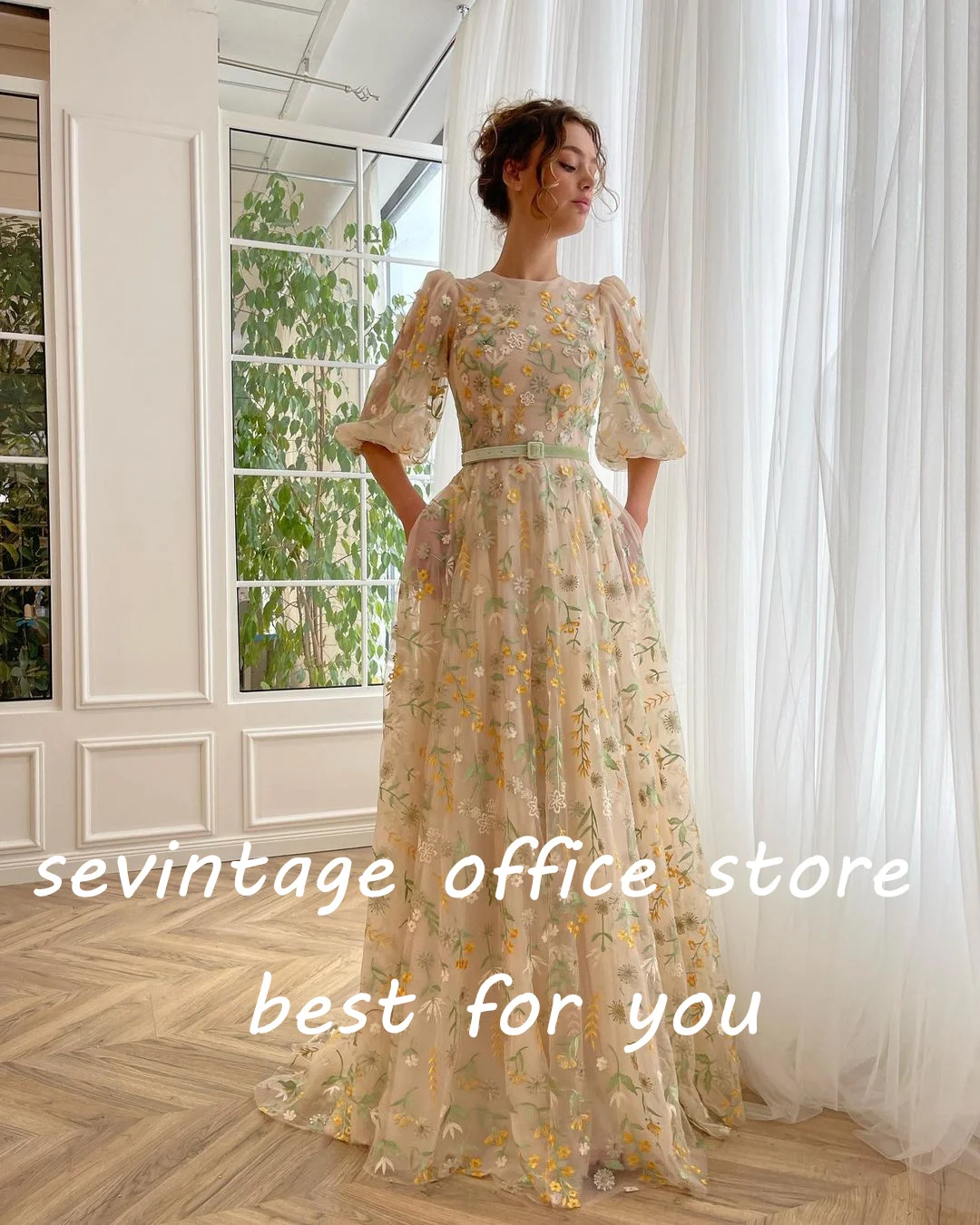 Sevintage-vestidos de fiesta con bordado Floral, Apliques de encaje, mariposa, cuello redondo, mangas cortas, línea A, vestidos de noche, vestido de