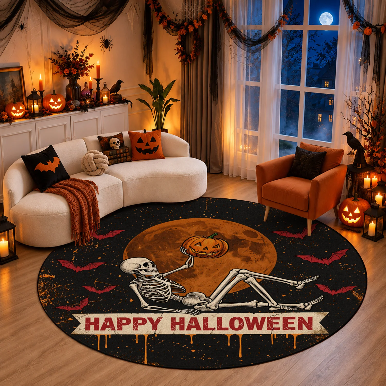 Skeleton Pumpkin Bat Moon Pattern Round Velvet Mat Machine Washable for Living Room Bedroom Entryway Dining Room Halloween Thanksgiving Black Friday Cyber Monday Christmas New Year