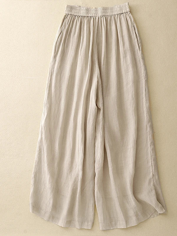 Ele Embroidered Wide Leg Pants Women's Summer Lightweight Drifting Double Layer Linen Straight Long Casual Skirt Pants