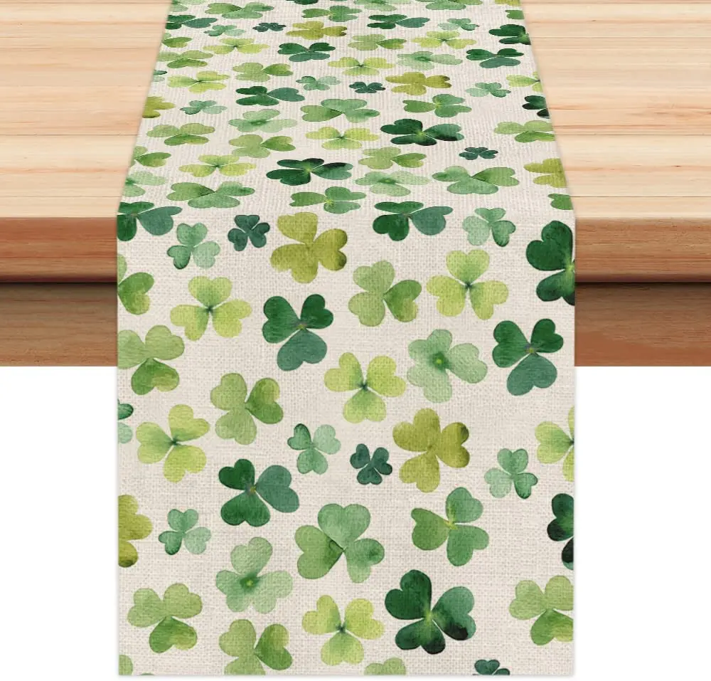 St. Patrick's Day Lucky Green Shamrock Table Runner, Vase Buffalo Plaid Seasonal Holiday Decor Table Runner Home Decor