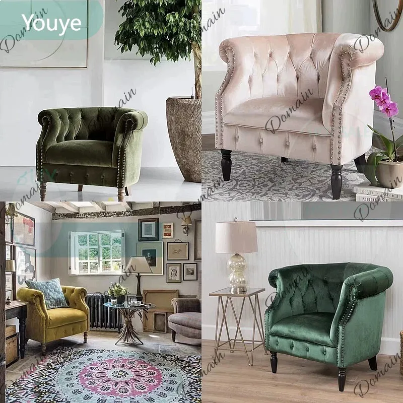 ZL Nanyang Retro Velvet Single Sofa Chair Vintage Tufted Photography Chair Small Apartment Furniture