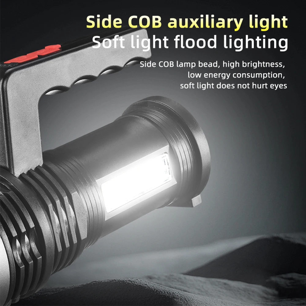 Super bright LED flashlight Rechargeable torch Outdoor searchlight Portable camping light With bright COB side light