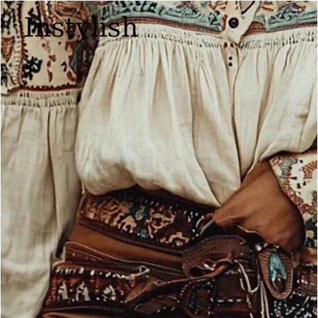 Retro Western Cowgirl Women's Shirt Ethnic Printed Bohemian Top One Off Shoulder Shirt