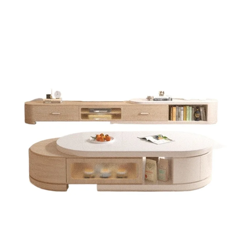 Modern Luxury Cream White TV Cabinet and Coffee Table Set Rounded Edge Media Console LED Groove Glass Living Room Furniture