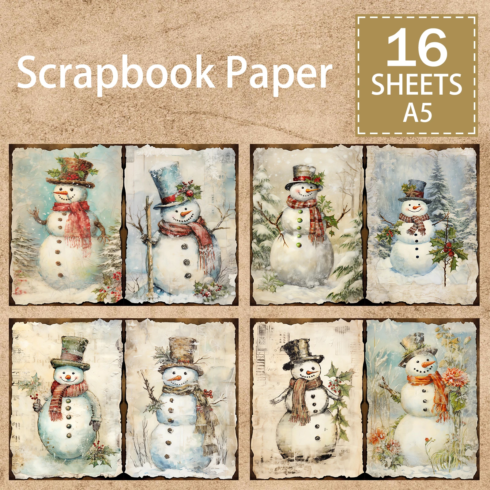 16 แผ่น A5 ขนาดผ้าพันคอสไตล์ที่แตกต่างกัน Snowman การจับคู่คอลเลกชันพื้นหลัง Vintage Grunge Journal Planning Scrapbooking