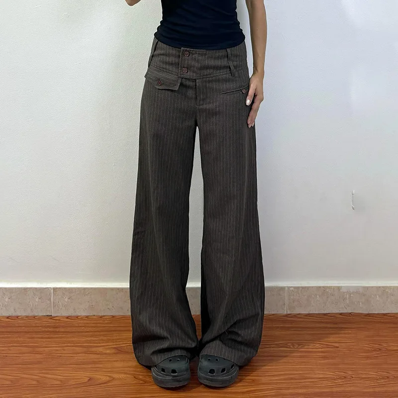 

XIZOU 90s Retro Button-up Striped Pants Women Low Rise Loose Wid-leg Casual Pants for Summer Streetwear Y2K Aesthetic Trousers