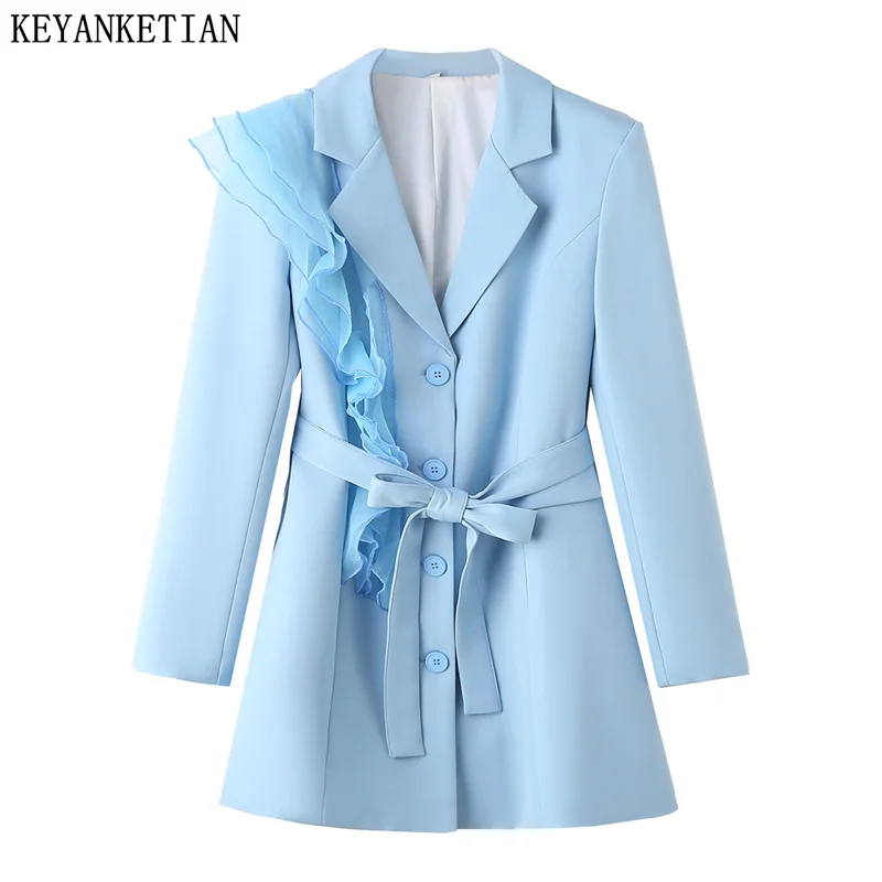 

KEYANKETIAN New Women's Tiered organza Decoration Sky Blue Suit Autumn Stylish Elegant With Belt Single Breasted Mid-length coat