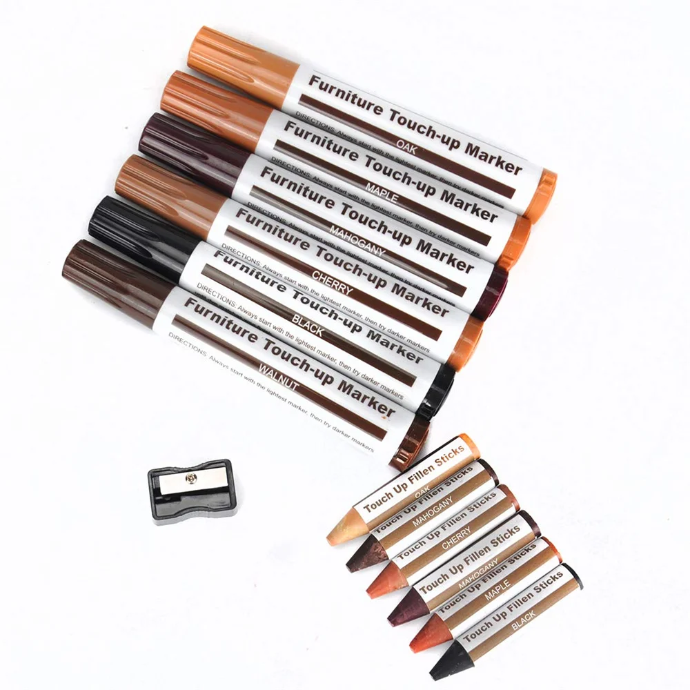 طقم تصليح الأثاث SEISSO 12 قطعة علامات خشبية تعمل باللمس استعادة الخدش حشو الطباشير مع مبراة 6 ألوان لباب الخشب