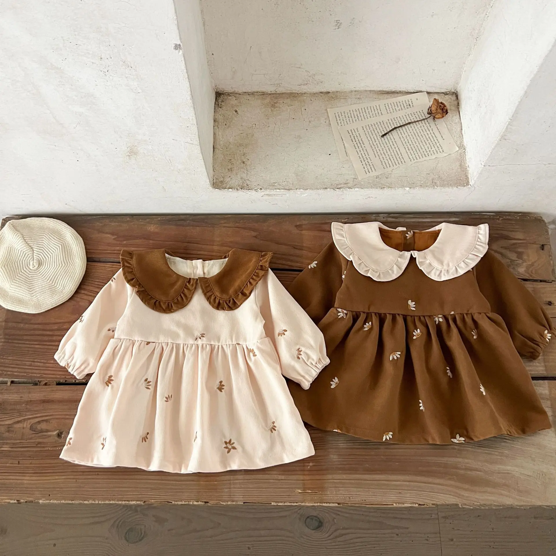 

Korean Style Baby Girl Dress Cotton Embroidery Color Block Collar Dresses Infant Toddler 9 to 24M Spring Fall Casual Party Dress