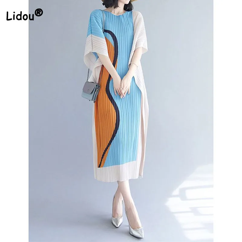 

Elegant Fashionable Printed Folds Dress for Women Summer Korean Round Neck Casual Batwing Sleeve Spliced Dresses Female Clothing