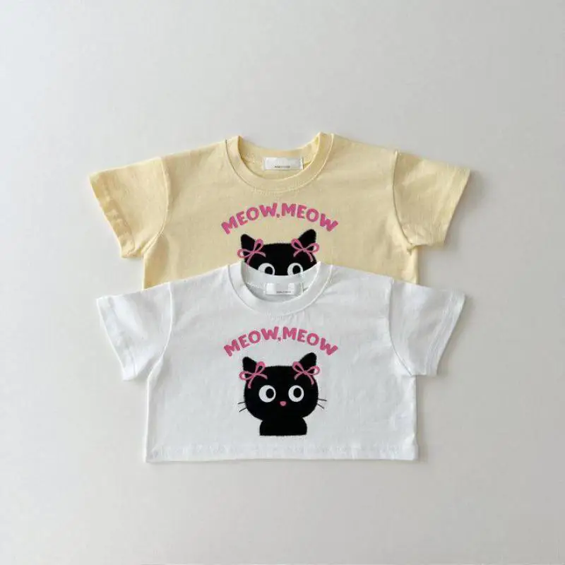 

Summer Children Short Sleeve T Shirts 2024 New Girls Tops Toddler Thin Cotton Cute Cat Letter Tees For Baby Girl Kids Clothes