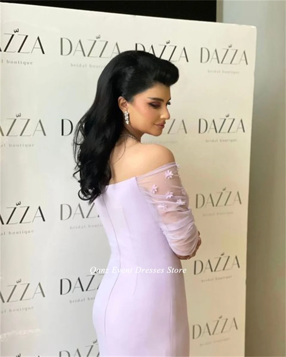 Qanz Formal Mermaid Evening Dresses Lilac Satin Off The Shoulder Leg Slit Backless Flowers Elegant Evening Dresses For Women Lux