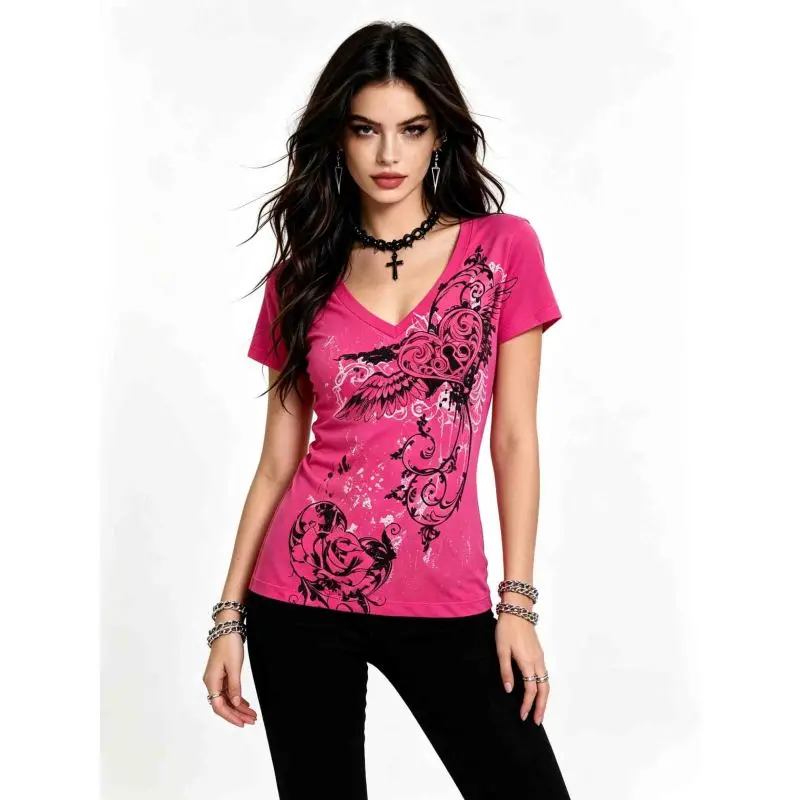 Damen Y2K Hot Pink Grafik-T-Shirt mit Herzflügeln & Rosen-Print, V-Ausschnitt Figurbetontes Kurzarm-T-Shirt 2026