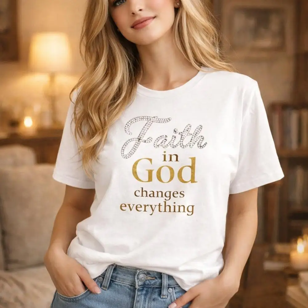 1PC,Plus Size Women s Faith In God Changes Everything T-Shirt For Women And Men, Pure Cotton Religious Christian Tee, Black Rhinestone Embellishe