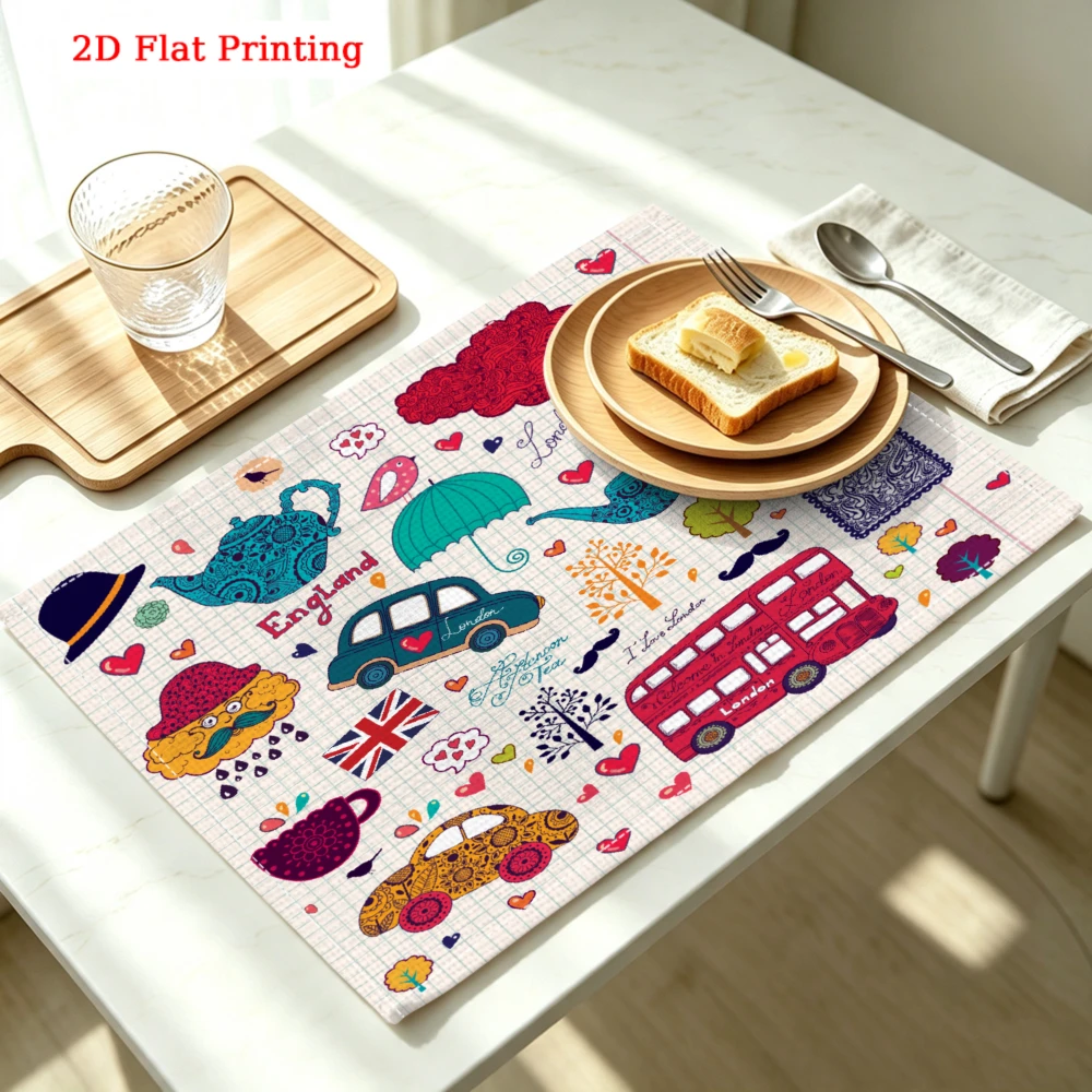 2Pcs British Style Placemat Multicolor England Bus Teapot Print Table Mat Kitchen Dining Decor Protection 30X40Cm