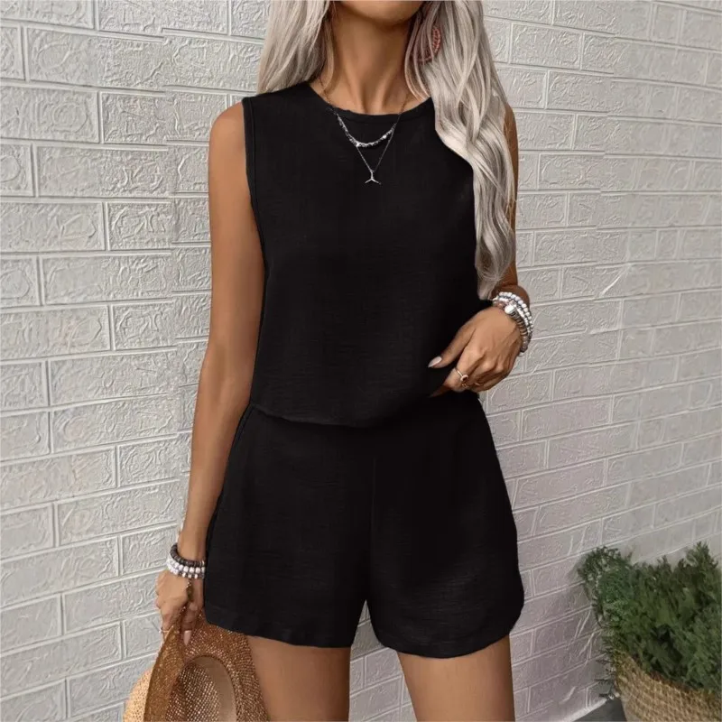 女性の夏のショーツエレガントな 2025 セクシーなノースリーブプルオーバートップとショートパンツ 2 点セット女性のファッション固体衣装セット