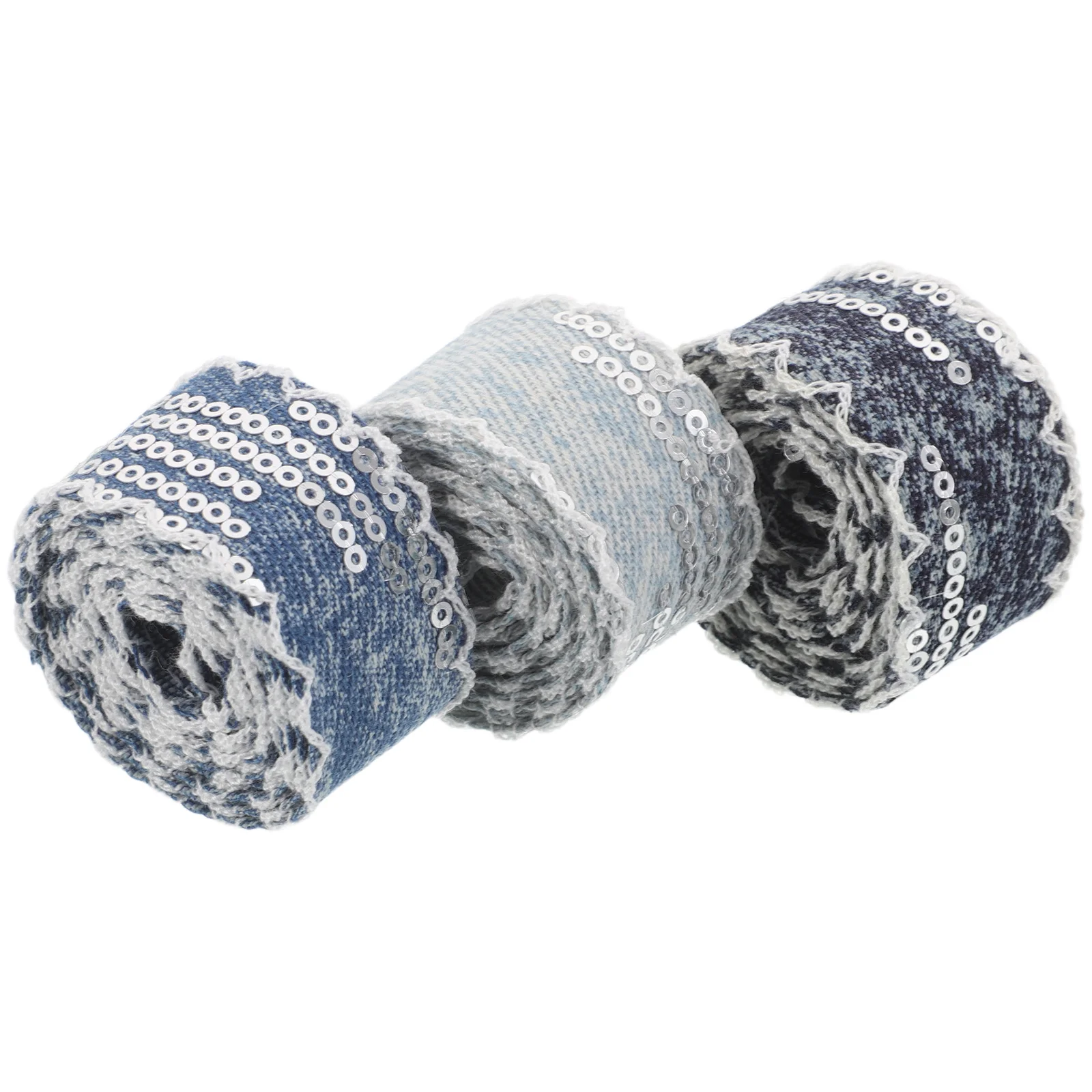 

3 Rolls Shiny Denim Fabric Ribbon with Paillette Border Trim for Sewing Crafts DIY Headbands Apparel Decoration Ribbon Accessory