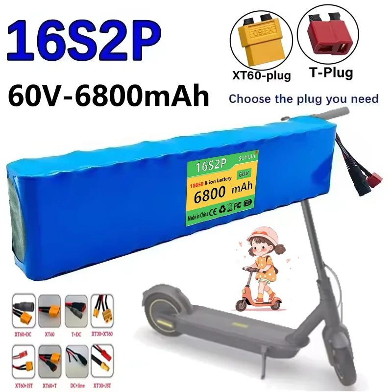 

Batterie lithium-ion 60V 16S2P 18650, 67.2V, 6800mAh, pour scooter électrique, avec prise et chargeur BMS 1000W BMS XT60/T