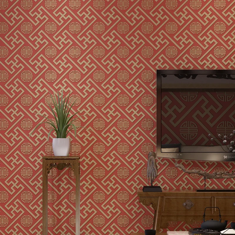 New Chinese Modern Minimalist Plain Coins Pattern Non-woven Wallpaper Classical Swastika Living Room Tv Backdrop Wallpaper