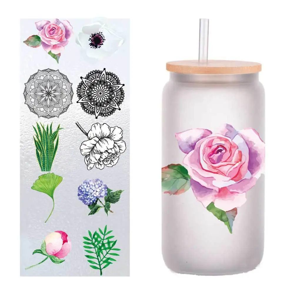 

10, четырехдюймовые мультяшные свежие растения, цветы, УФ-переводные наклейки, хрустальные этикетки, стеклянные наклейки по индивидуальному заказу