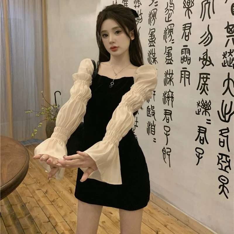 

Flared Sleeve Dress Women Spring and Autumn Square Collar High Waist Office Lady Korean Style Fashion Slim Short Dresses Female