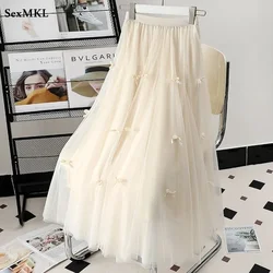 Elegant Black Tulle Skirts Women 2026 Fashion Casual High Waist Kawaii Skirt Adjust Waist Korean Mid Length Pleated Skirts Bow